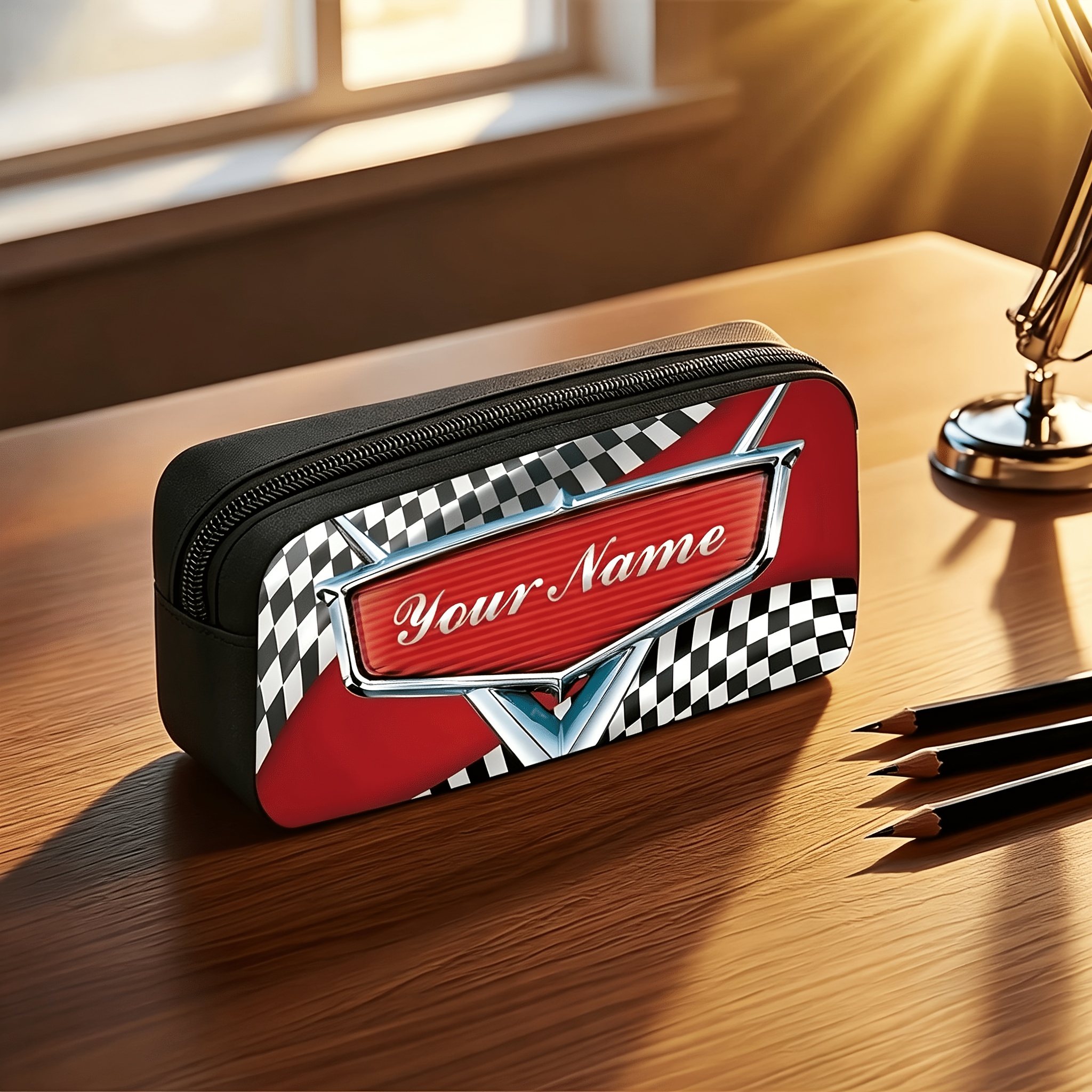 TEMU 1pc Personalized Racing Checkered Flag Pencil Case & Cosmetic Storage Bag - Text/ Suitable For Work, School, Car, Portable Gift For, For Daily