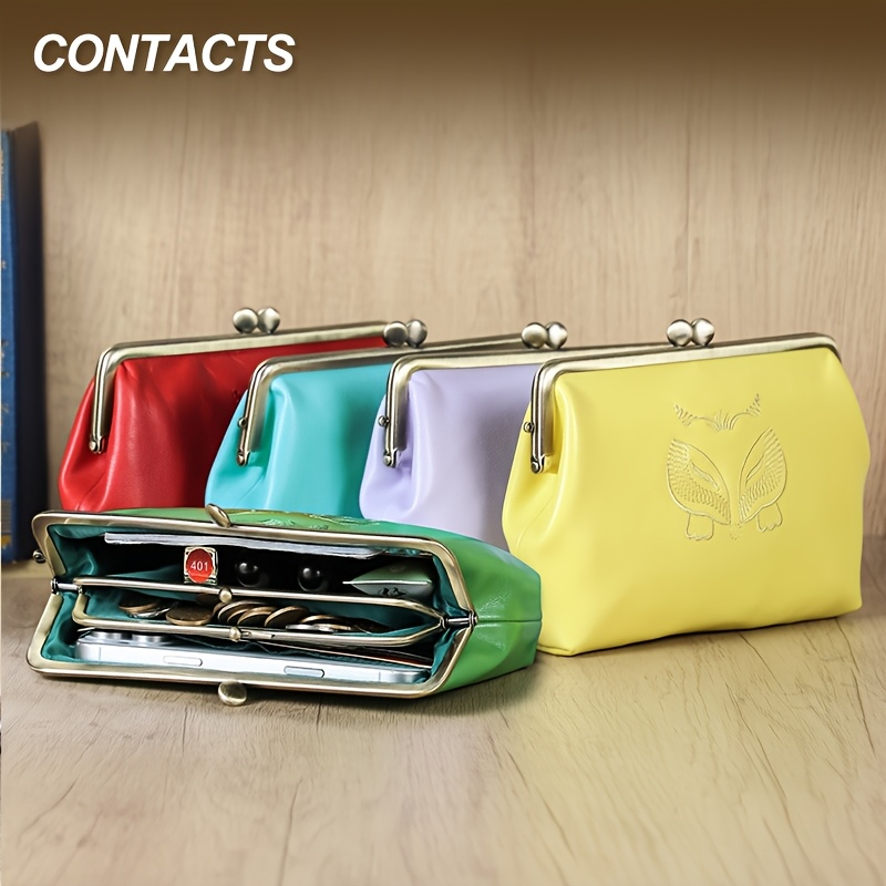 vintage genuine leather women s wallet - retro snap closure with coin pocket, polyester lining, and decorative   in red, blue, yellow, and green, coin purse 3