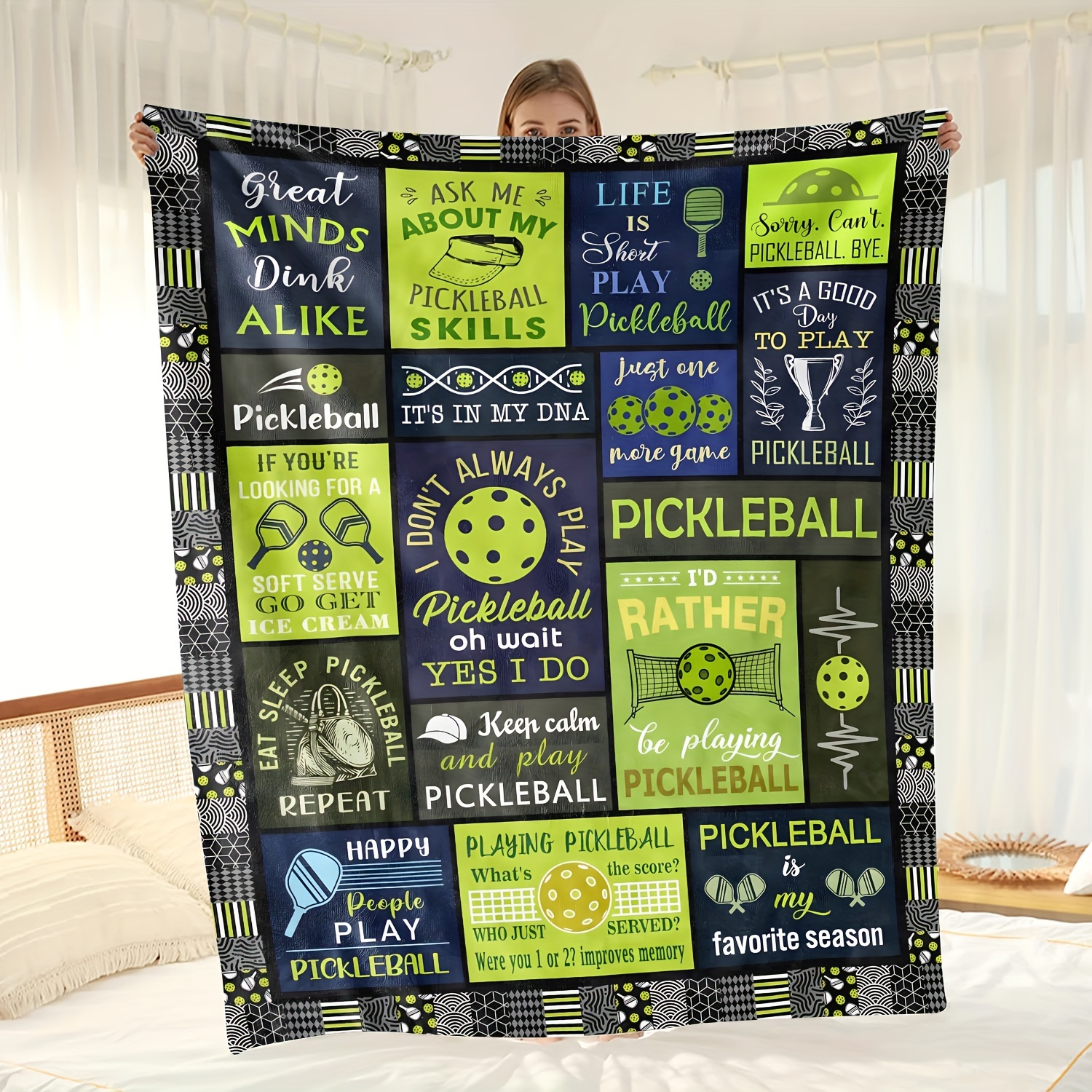 

Preppy Style Pickleball-themed Soft Fleece Throw Blanket With Creative Patchwork Design, Knitted Polyester Fabric, Cozy All-season Comfort With Unique Embellishments For Pickleball Enthusiasts