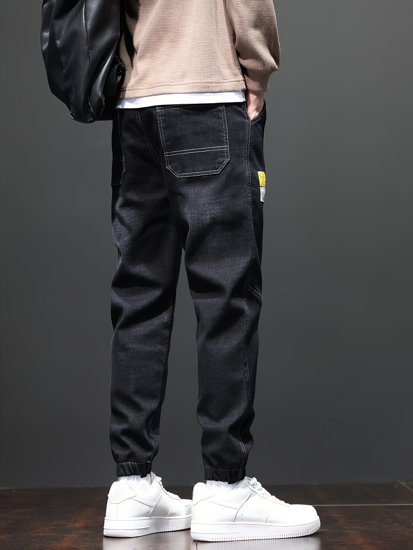 men's casual denim joggers cotton blend solid color ankle Temu Oman