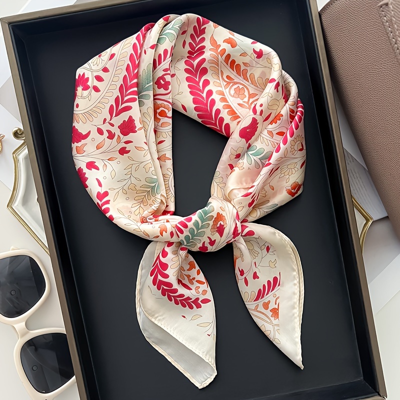 

1 foulard en soie à motif floral de 70 cm pour femme, léger printemps/été, carré de style français, foulard fin d'automne pour le cou, cravate pour cheveux, bandana, style décontracté