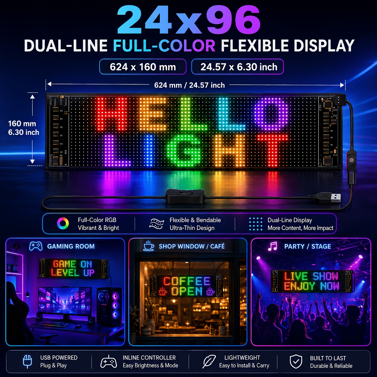 Double Row Programmable Led Scroll, 20 X 48/24 /24 X 96 Led Scoreboard, Wireless App Control, For Bar Advertising Party Decoration, Smart Lights