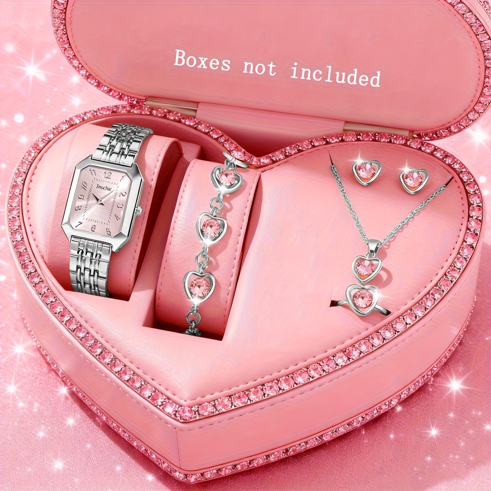 TEMU 6pcs Watches For Women, Elegant Quartz Women's Watches Set With Matching Heart Pendant - Square Face Women's Watch, Style Jewelry Gift Set For