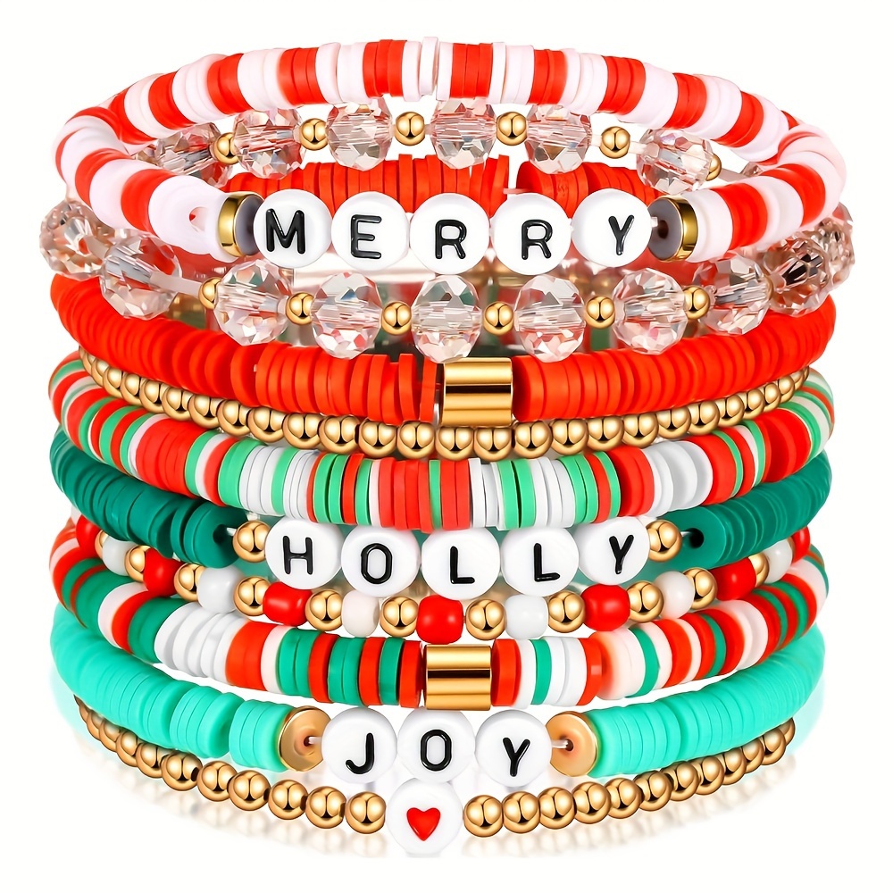 

Christmas Holiday Bracelet Pack, 10 Pcs - Polymer Clay Heishi Stretch Bracelets With Merry Messages, Plastic Bead Charms, Gift Set For Women - No Feather, Seasonal Party Jewelry Accessory