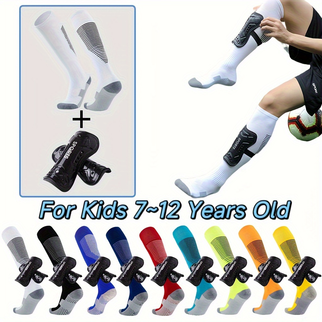

1 Set Boys Soccer Socks With Shin Guards, Breathable Sports Stockings For 7-12 Years Old, Football Training Tennis Basketball Socks, Cushioned Protective Gear