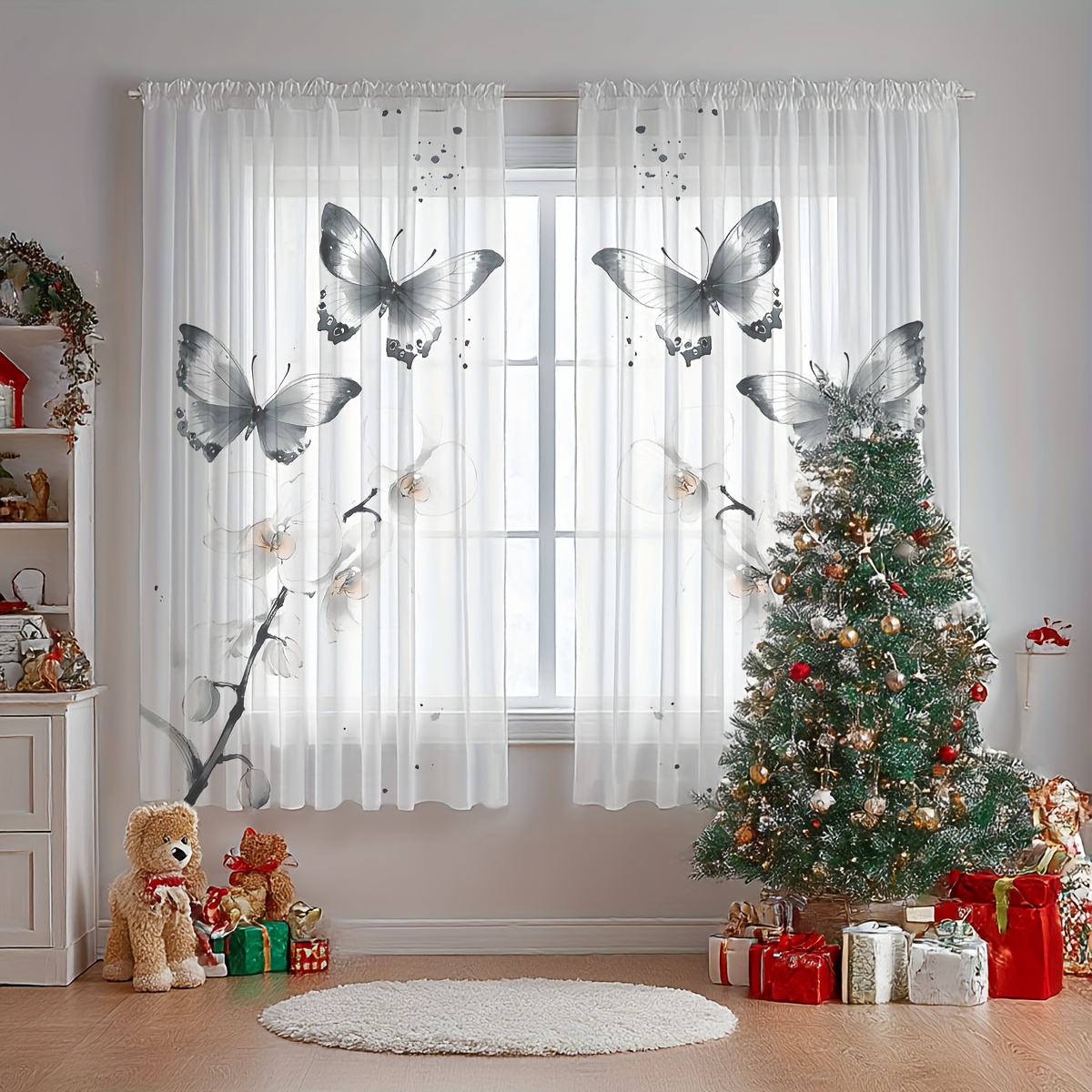 E-shop Festtags, Geschenk, Hochzeitsdekoration Fensterbehang, 2 Stück bedruckte Vorhänge, Tinte Schmetterling Blumen Zweig transparenter Vorhang,