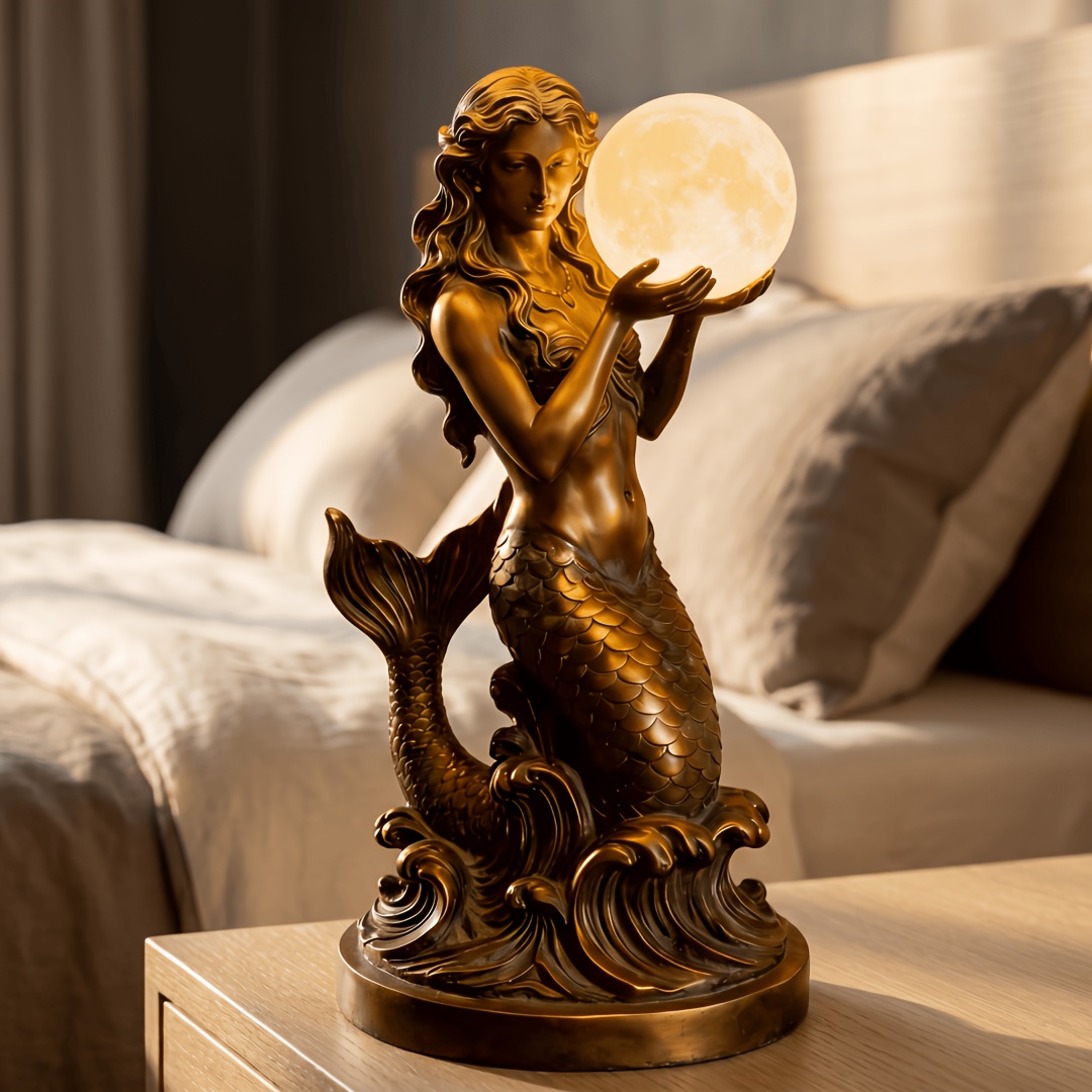TEMU Vintage Bronze Mermaid Figurine Lamp, Resin Mermaid Holding Light, Usb Powered Ambient Table Light, Decorative Led Nightlight For Coastal,