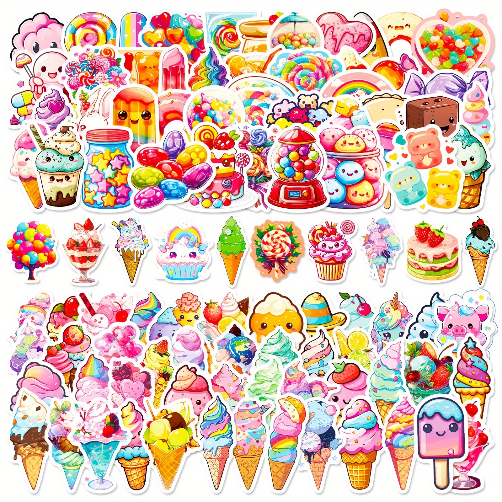 

100-piece Vibrant Candy & Ice Cream Stickers - Reusable, Sparkly Cartoon Decals For Laptops, Water Bottles, Phones - Assorted Colors, Self-adhesive