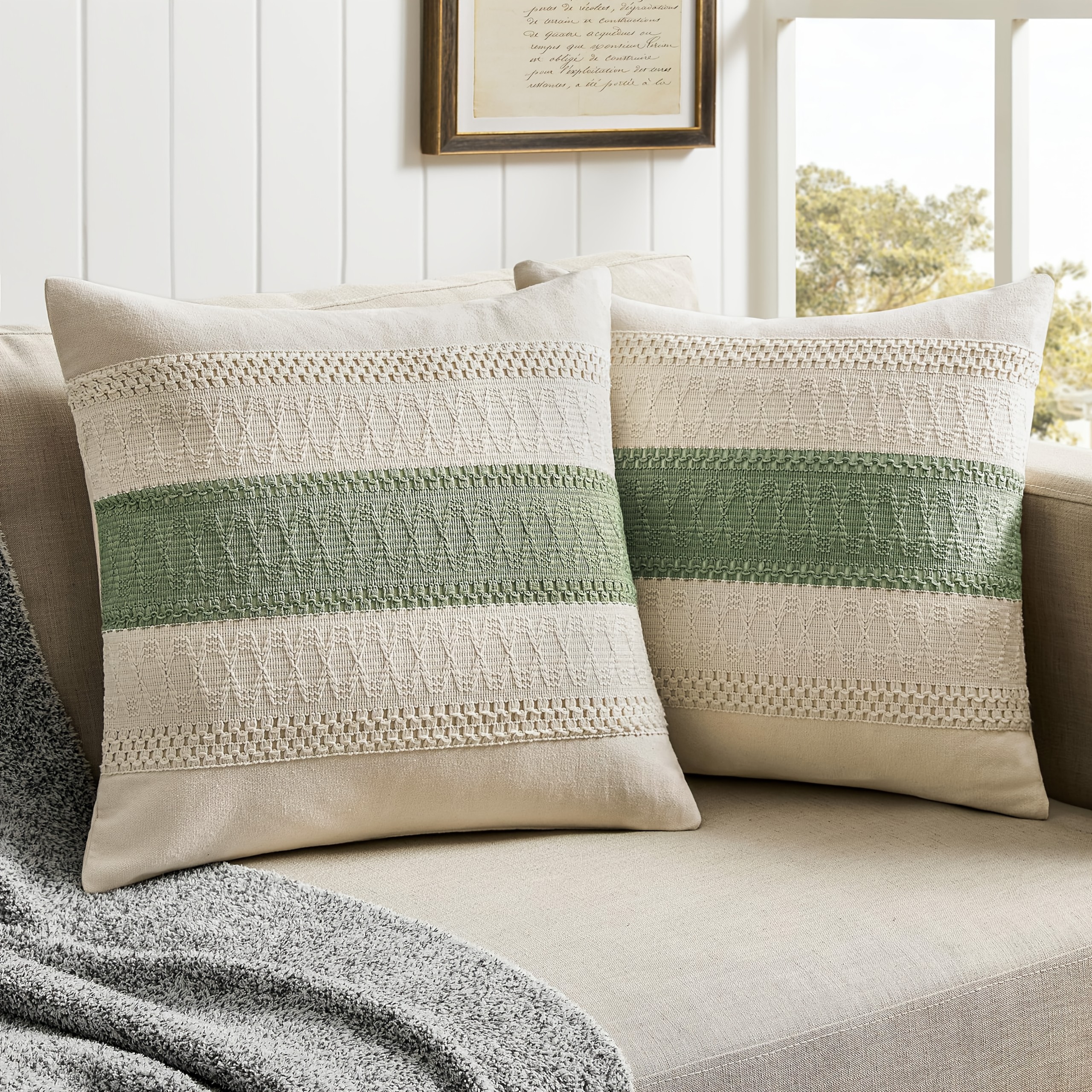 Image of 2pcs Set, Sage Green Bohemian Style Decorative Pillow Covers, Soft And Breathable, 18 X 18 Inches For Living Room Sofa And Seat Cushions, Pillow Inserts Not Included