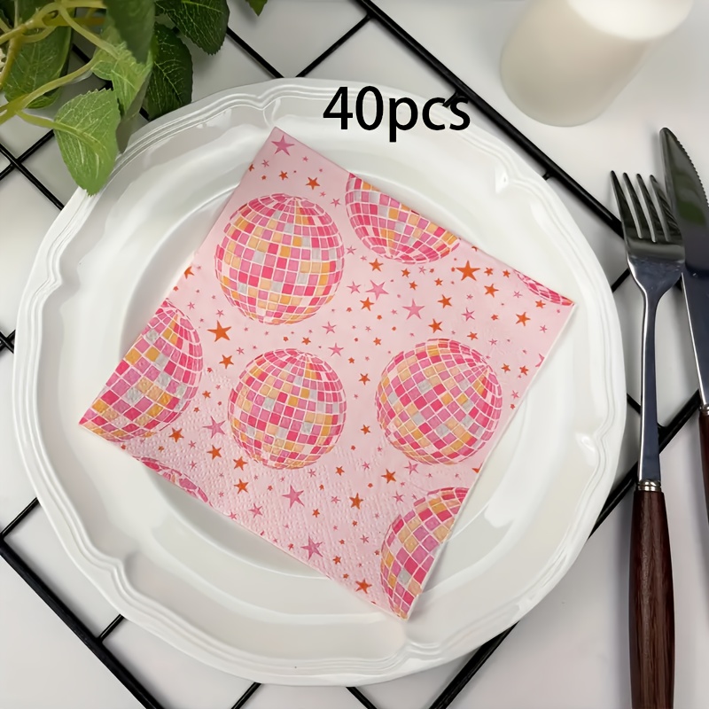 E-shop 20 Stück/40 Stück Rosa Disco-Party Servietten mit Disco-Kugel & Stern-Druck - 2-lagige, langlebige Papiertischdeko für