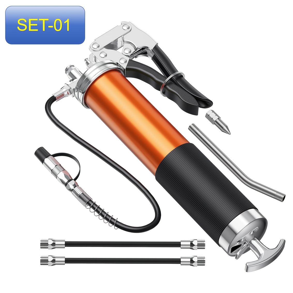 TEMU Heavy-duty Upgraded Orange Grease Gun Kit, 8000 Psi High Pressure, Cartridge, 18-inch Flexible Hose, 2 Couplers, 2 Extension , Nozzle, 6 Jaw