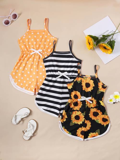 3pcs set for girls adorable polka dot striped floral print cami rompers with bow detail stretchy comfortable polyester blend ideal for summer outdoor gifts stylish jumpsuit holiday gift outdoor