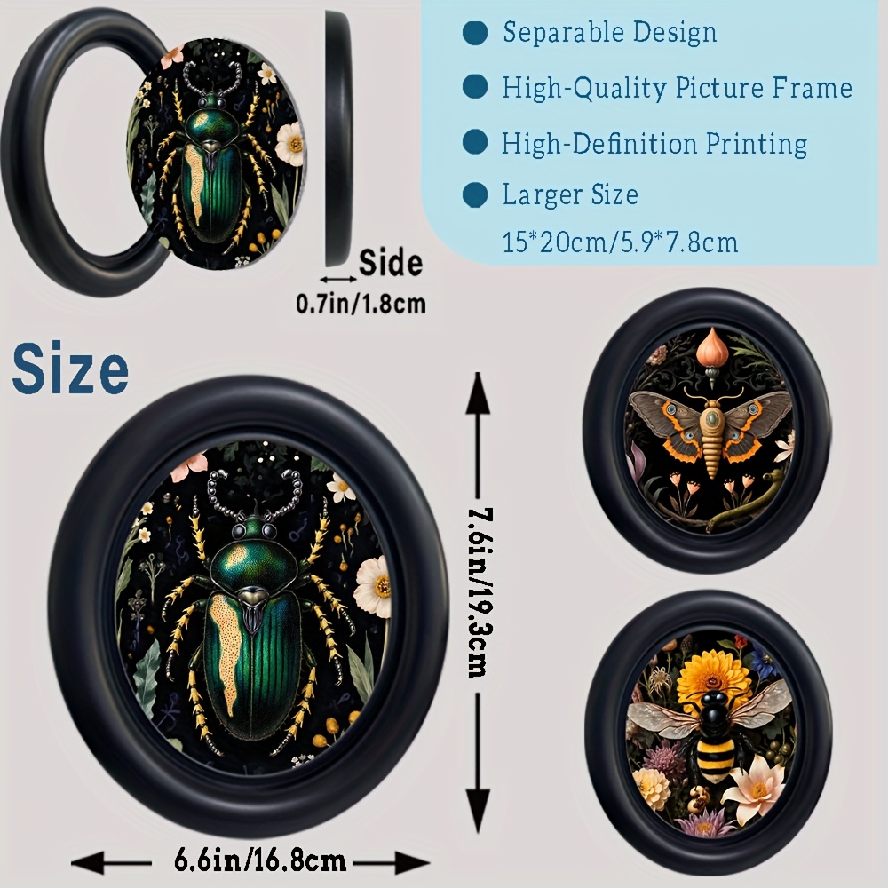 TEMU 3pcs Vintage Dark Entomology Wall Art | Black Oval Frame Gothic Dark Academia Decor, Moth Bee Floral Print For Bedroom Living Room