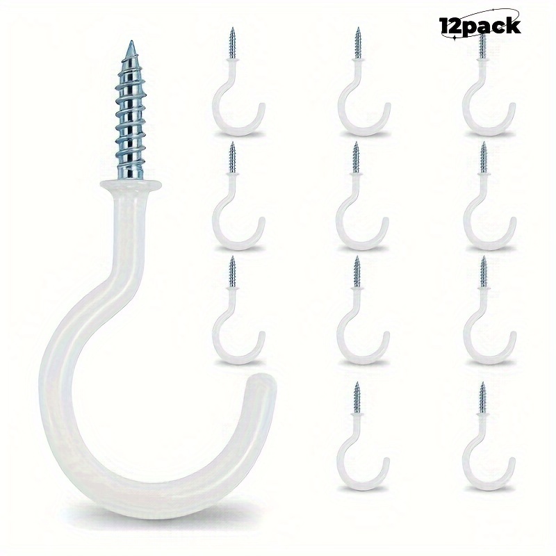 

12-pack Vinyl-coated Screw-in Ceiling Hooks, Multi-purpose Wall Mount Utility Cup Hooks For Indoor And Outdoor Use, No Battery, Non-electric Plastic Hanging Solution For Home Organization - White