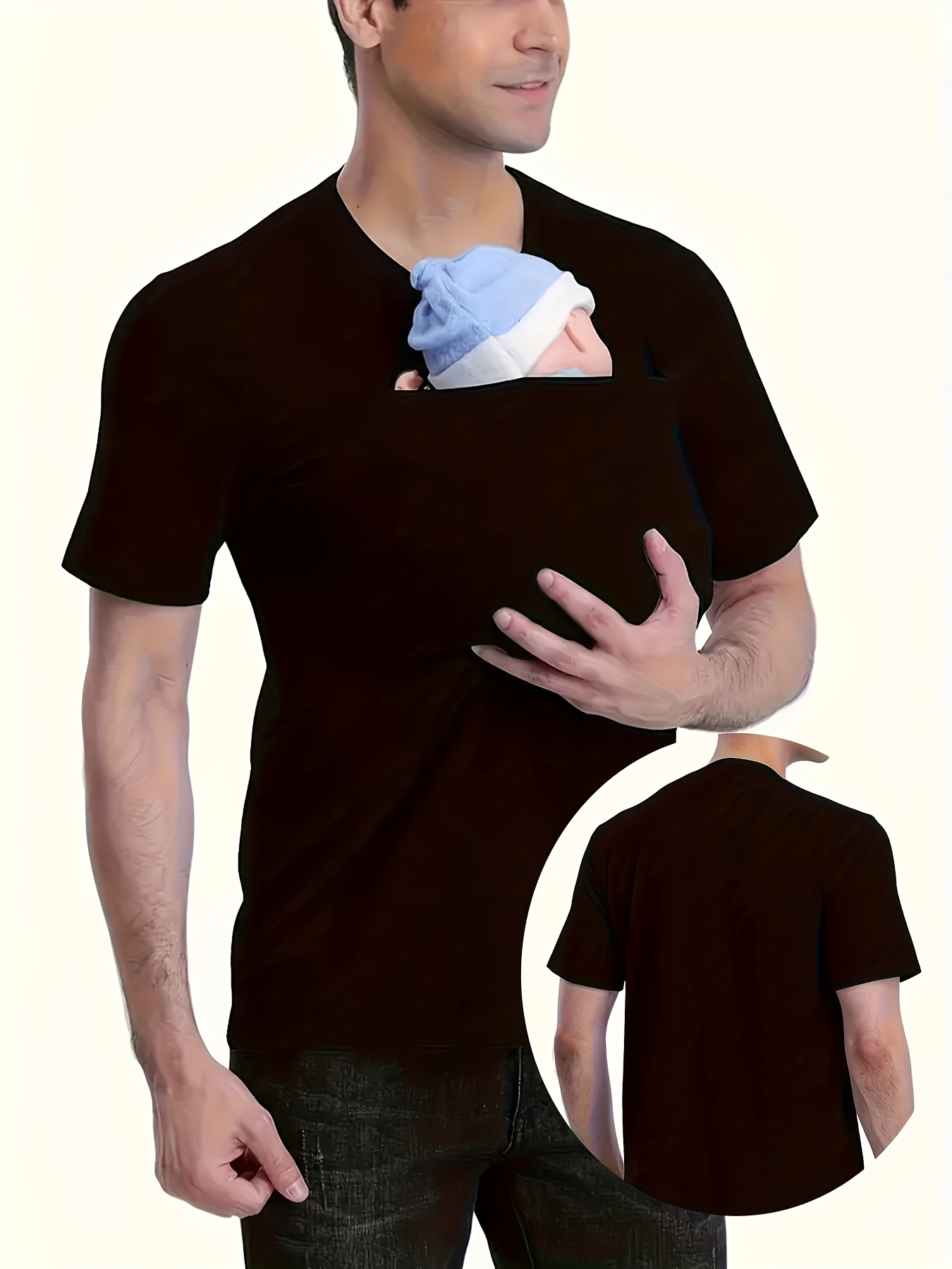 Fashionable Men's Casual T-Shirt with Kangaroo Pocket, Breathable Polyester Fiber, Crew Neck, Short Sleeves, Summer Casual Wear