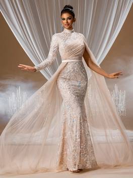 elegant womens long beaded gown with shawl sleeves high end banquet dress with long sleeves light luxury new chinese art exam wedding dress