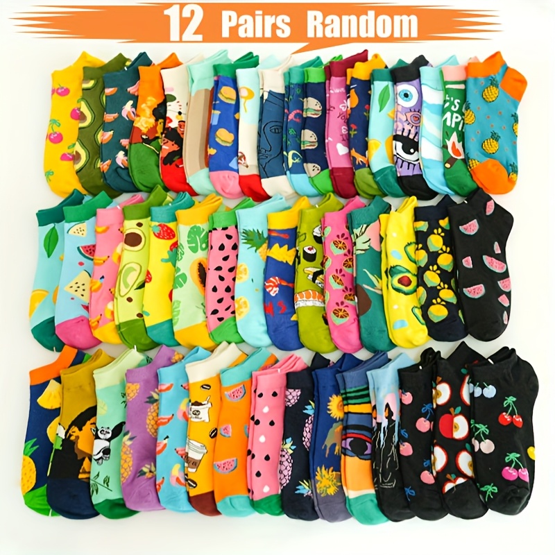 Image of 6/12 Pairs Random Men's And Vegetable Pattern Ankle Socks - Colorful Knit, Machine Washable, Low-cut Design For Casual Wear, Cute Socks - Perfect Gift For , Outdoor Sports, Sweat-resistant