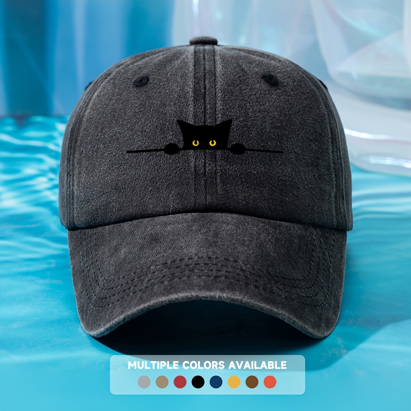 

Unisex Vintage Washed Polyester Baseball Cap With Cartoon Cat Print - Casual Style, Adjustable Strap For Outdoor Activities, Fishing & Camping