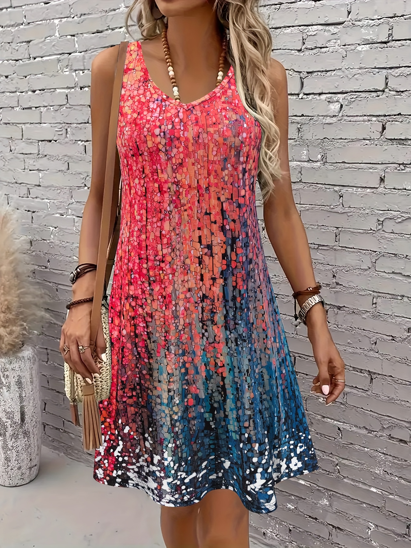 2  gradient tie dye elegant vacation fashion abstract painting color block stitching graphic breathable v neck vest dress new womens casual skirt casual vacation womens top sleeveless a line   length dress