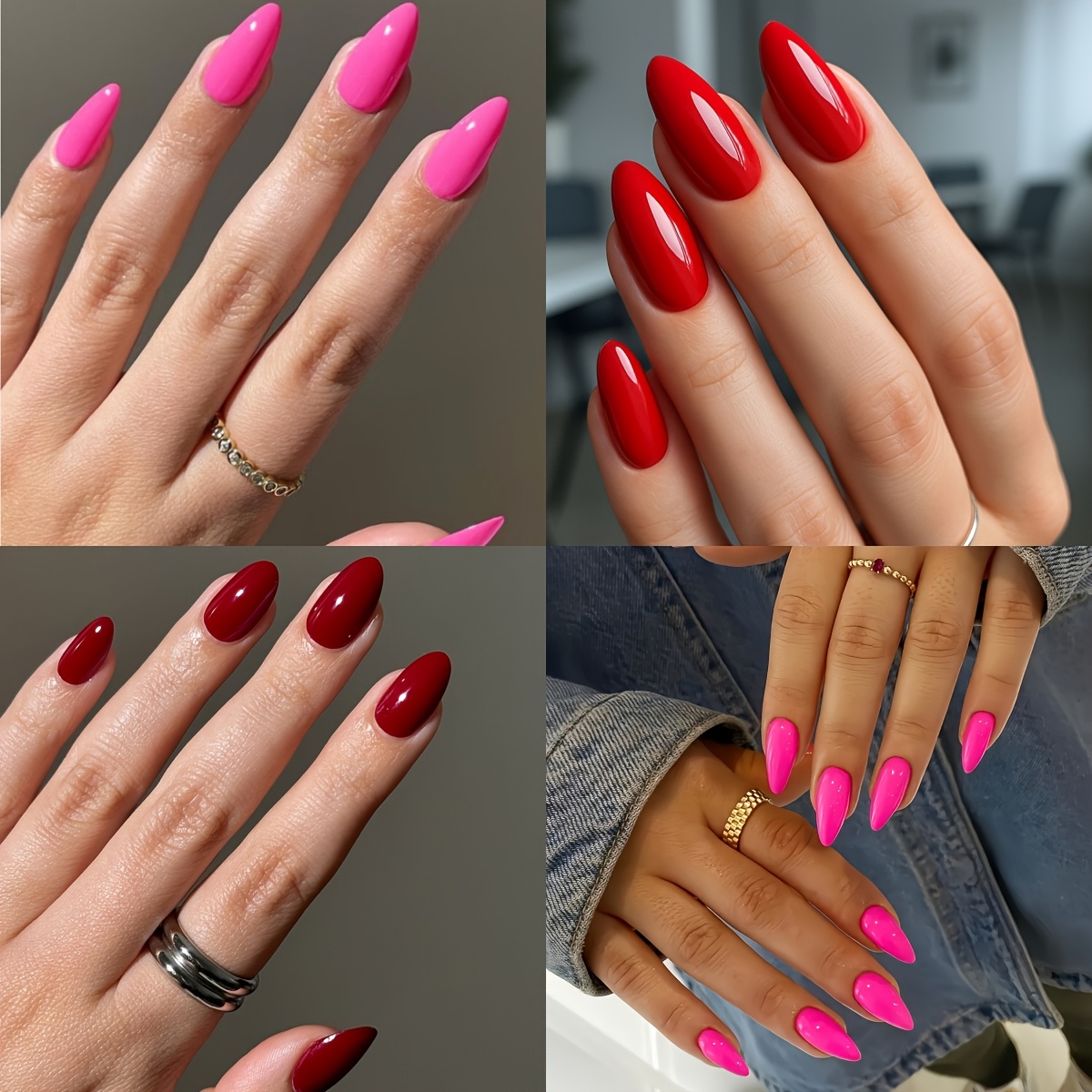 E-shop 96 Stück Mandelform (Rot-Burgunderrot-Pink-Hellrosa) Press-On Nagel - 4 Farben, vielseitig, verbessere deinen Stil - Geeignet für den täglichen
