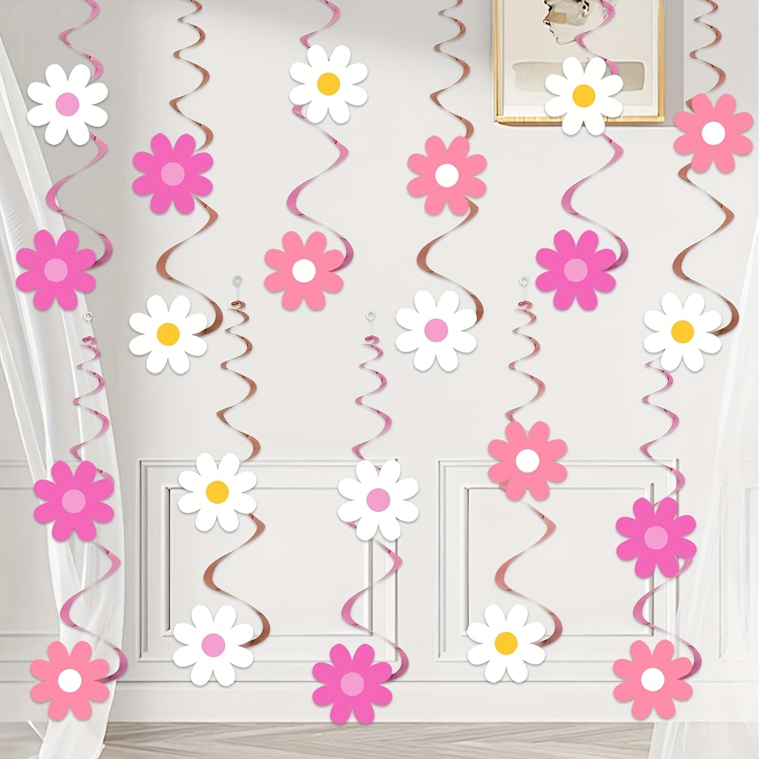 Image of 24pcs Flower Ceiling Swirl Decorations - Vibrant Hanging Party Streamers For Birthdays, Graduations, Weddings & Anniversaries (pink), Birthday Party Decorations