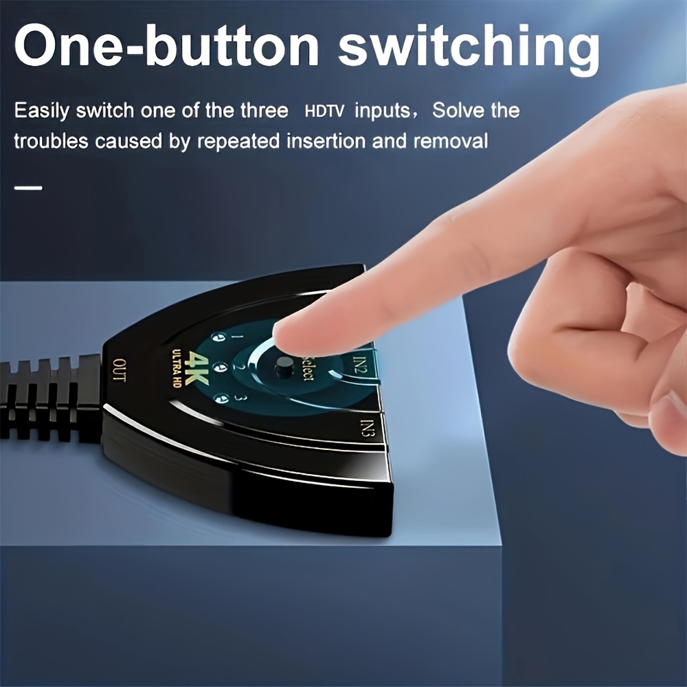 Répartiteur HDTV 4K avec 3 entrées et 1 sortie, un commutateur HDTV à 3 ports livré avec un câble HDTV en queue de cochon, prend en charge les lecteurs HDTV 4K 1080P 3D complets, et est compatible avec Fire Stick, HDTV, consoles de jeux PS4 et PC