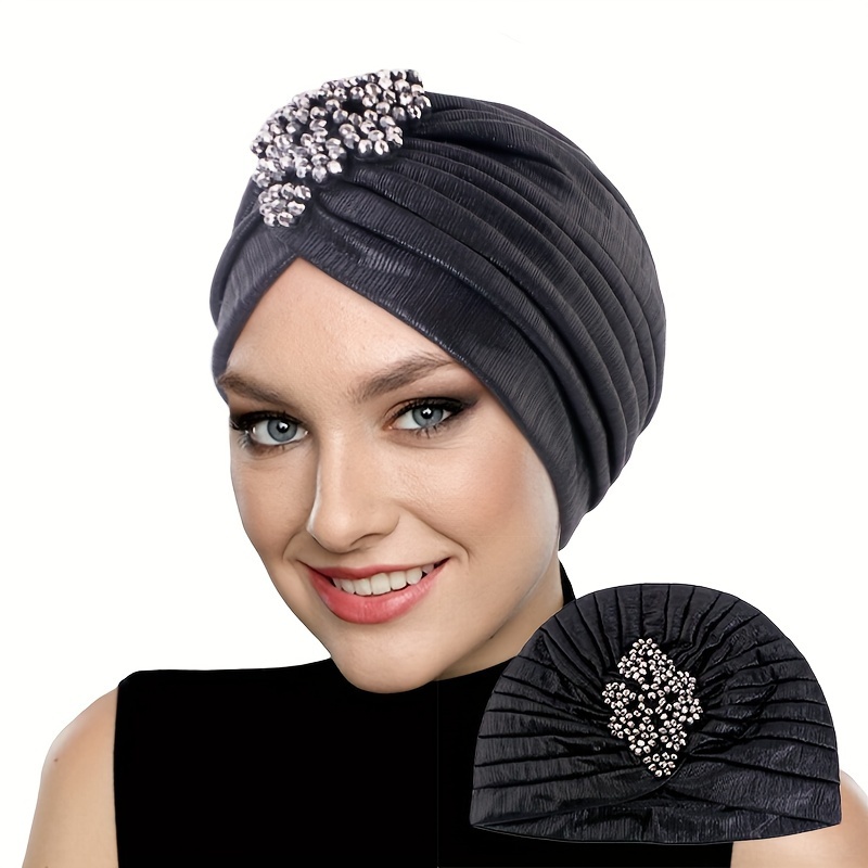 TEMU Gorro de pañuelo plisado diamantes dorados, sombrero indio dorado con hojas de oro, turbante árabe, pañuelo de cobertura total