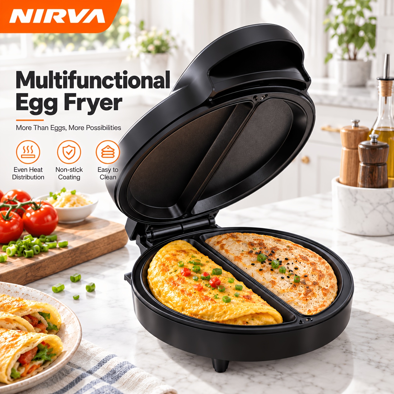 Image of Nirva Dual Omelette Maker 1000w, Double Egg Cooker With Plates, Maker, No-flip Electric Breakfast Pan, Quick & Mess-free Cooking For Fluffy Omelets And Pancakes