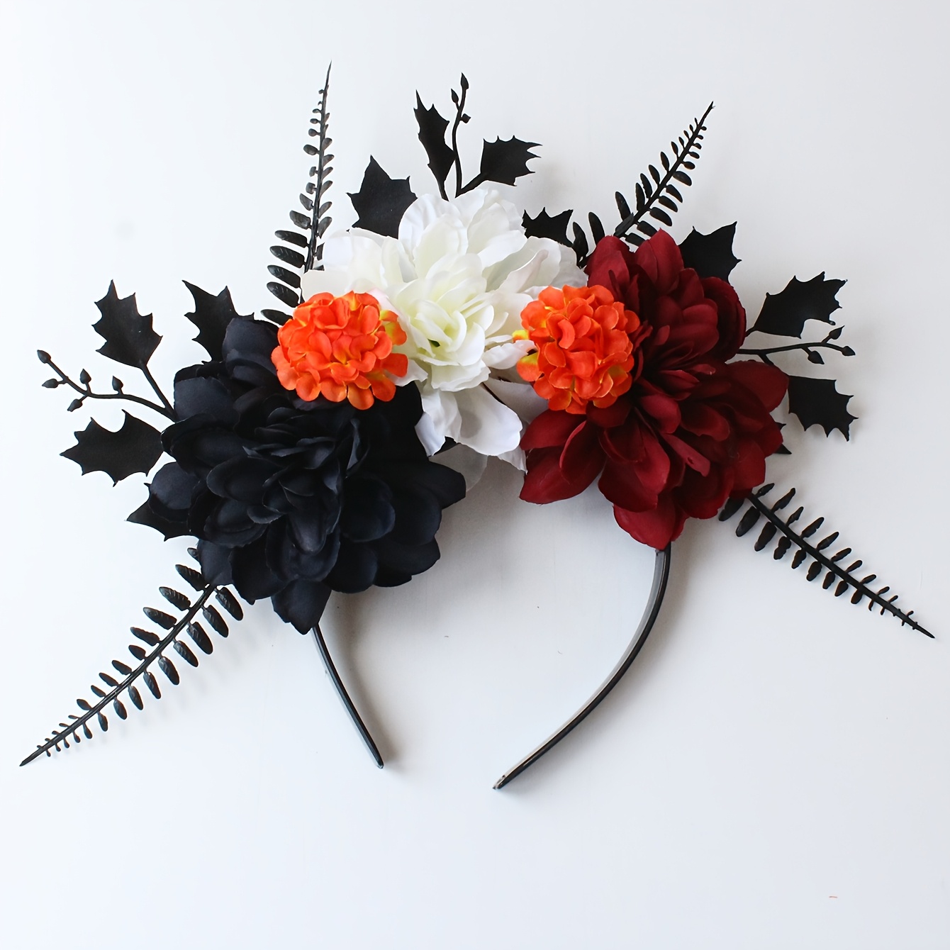 TEMU Serre-tête 1 pièce avec branches de feuilles de houx noir et dahlias aux couleurs contrastées blanc-rouge-orange, style Halloween vintage ,