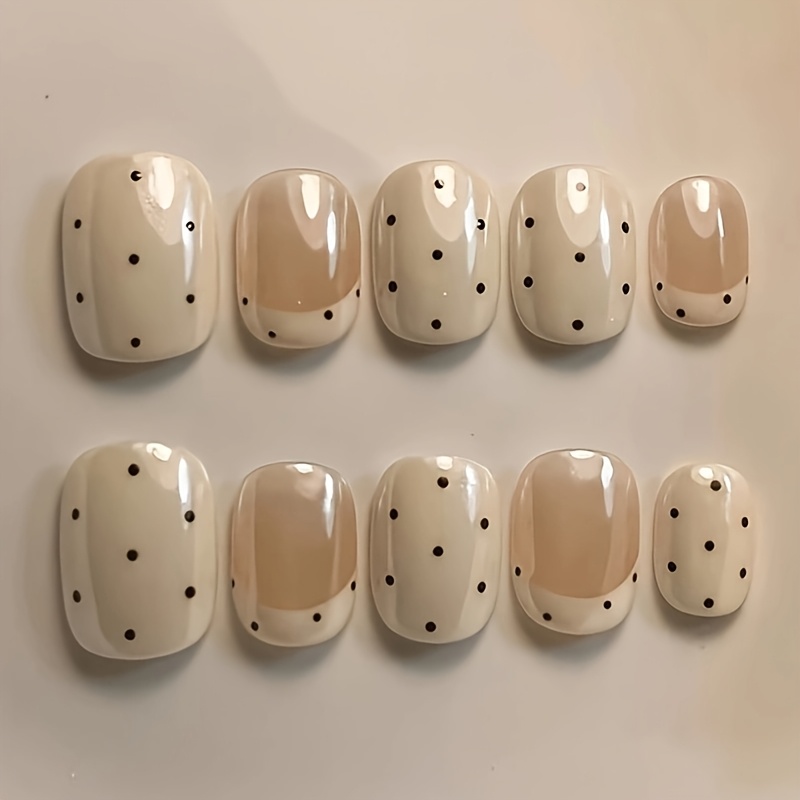 TEMU 10pcs Handmade Short Oval White Nail Stickers, Nude Pink With White French Tips, Hand-painted Black Polka Dots, Minimalist Cute Nail Stickers