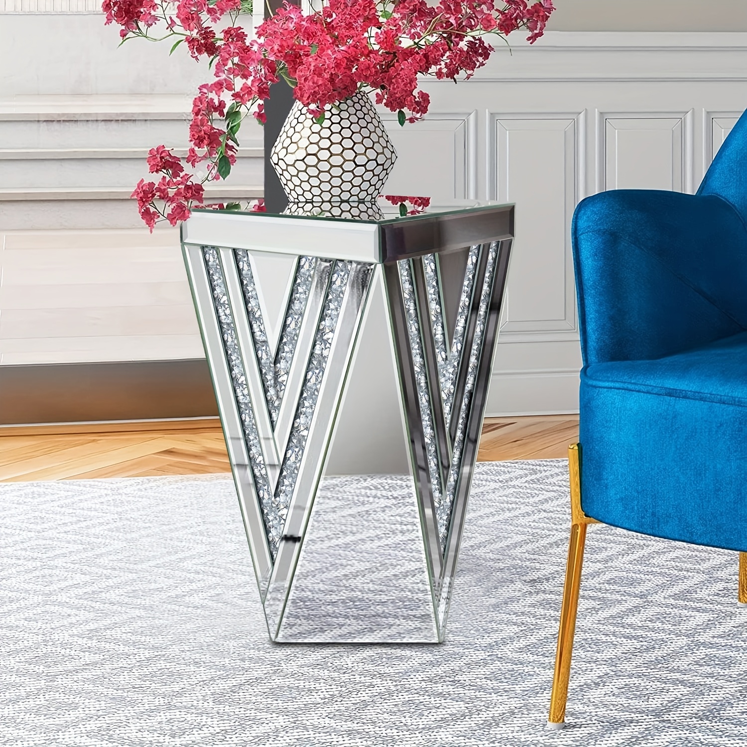 Image of A Stunning Side Table With A Silvery Mirror End, Featuring Exquisite Crystal Inlays, Perfect As A Small Coffee Table For Of Your Living Room Or Bedroom