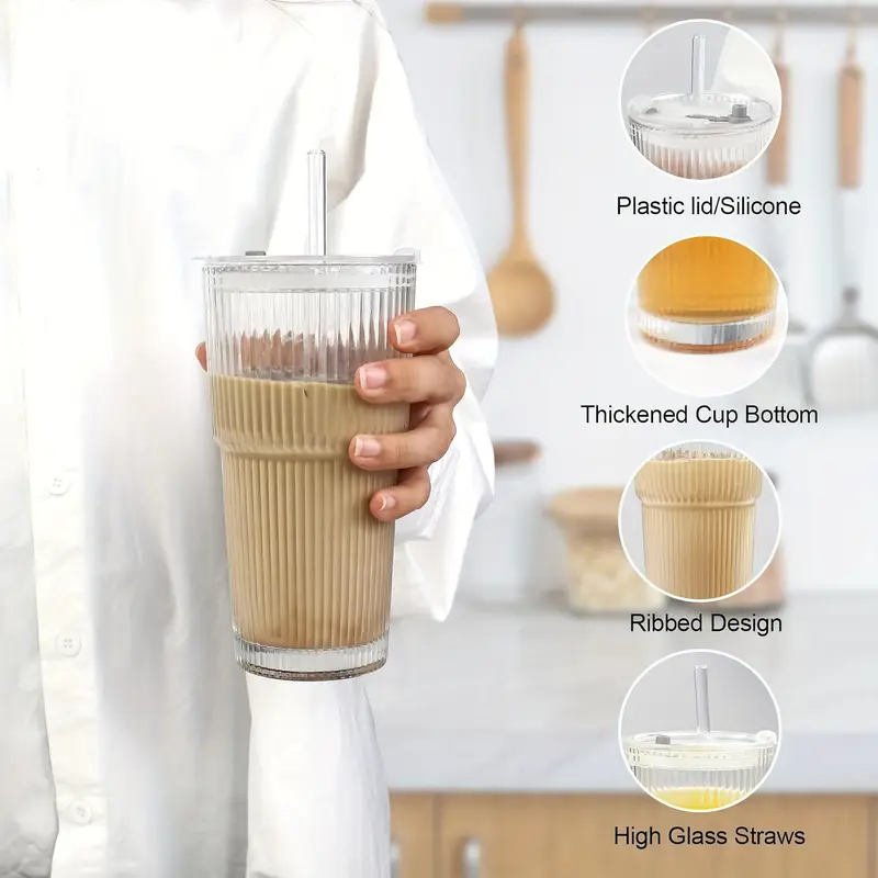 2 4pcs vintage clear striped glass drink container with sealed lid inverted leak proof easy to carry glass mug with straw thickened insulated glasses Product details 1