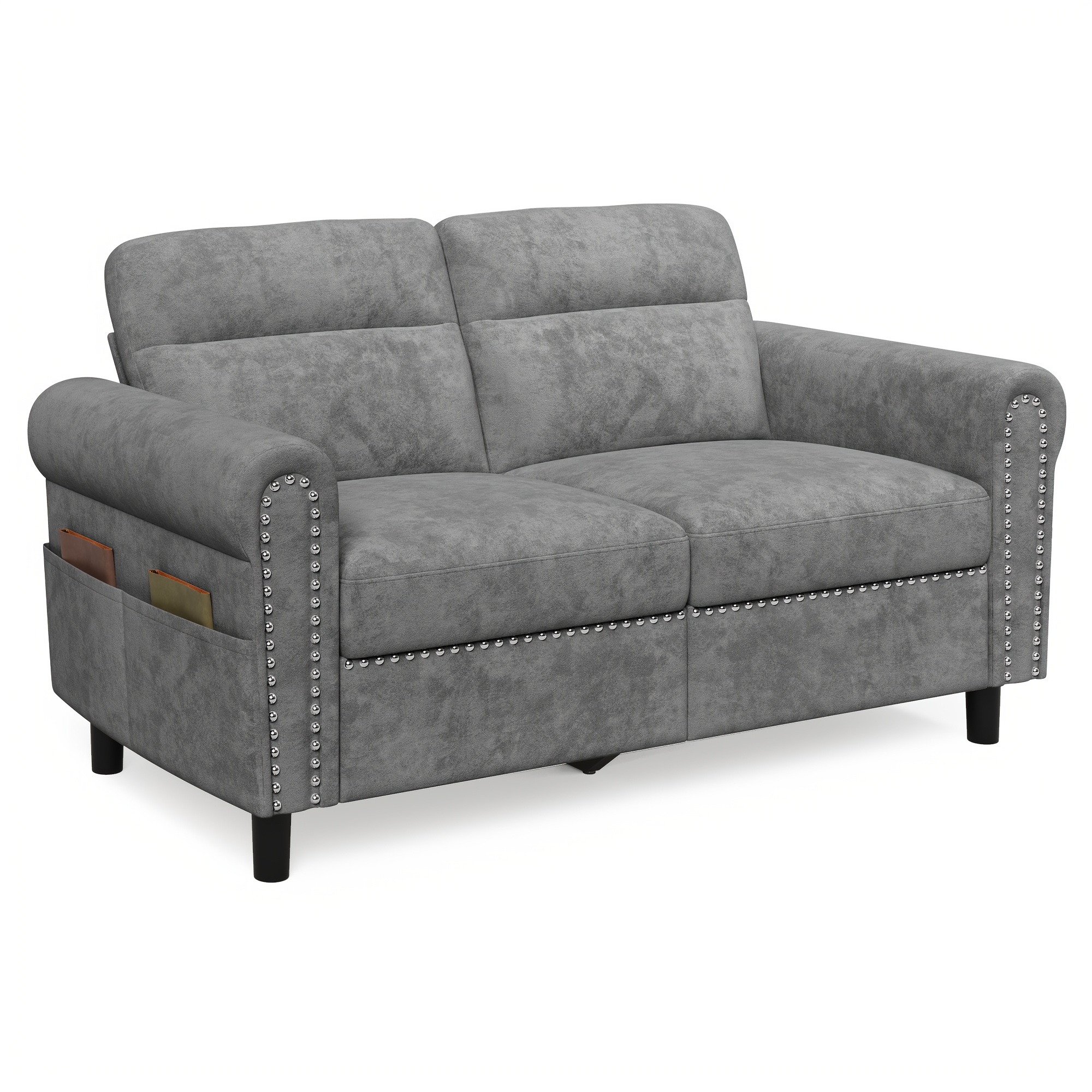 Two-seater Sofa, Couch With Comfortable Backrest And Armrests, Featuring Side Storage Pockets.152x76x79cm, In Dark Gray/beige, Easy To Assemble