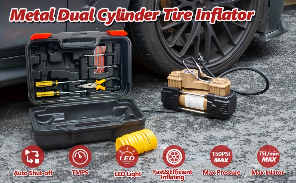 GSPSCN Portable 12V Air Compressor Pump Digital Display Tire Inflator With Led Flashlight Heavy Duty Dual Cylinder Tire Pump 150 Psi With Locking Air Chuck For Auto Suv Off Road Truck Rv Bike Etc