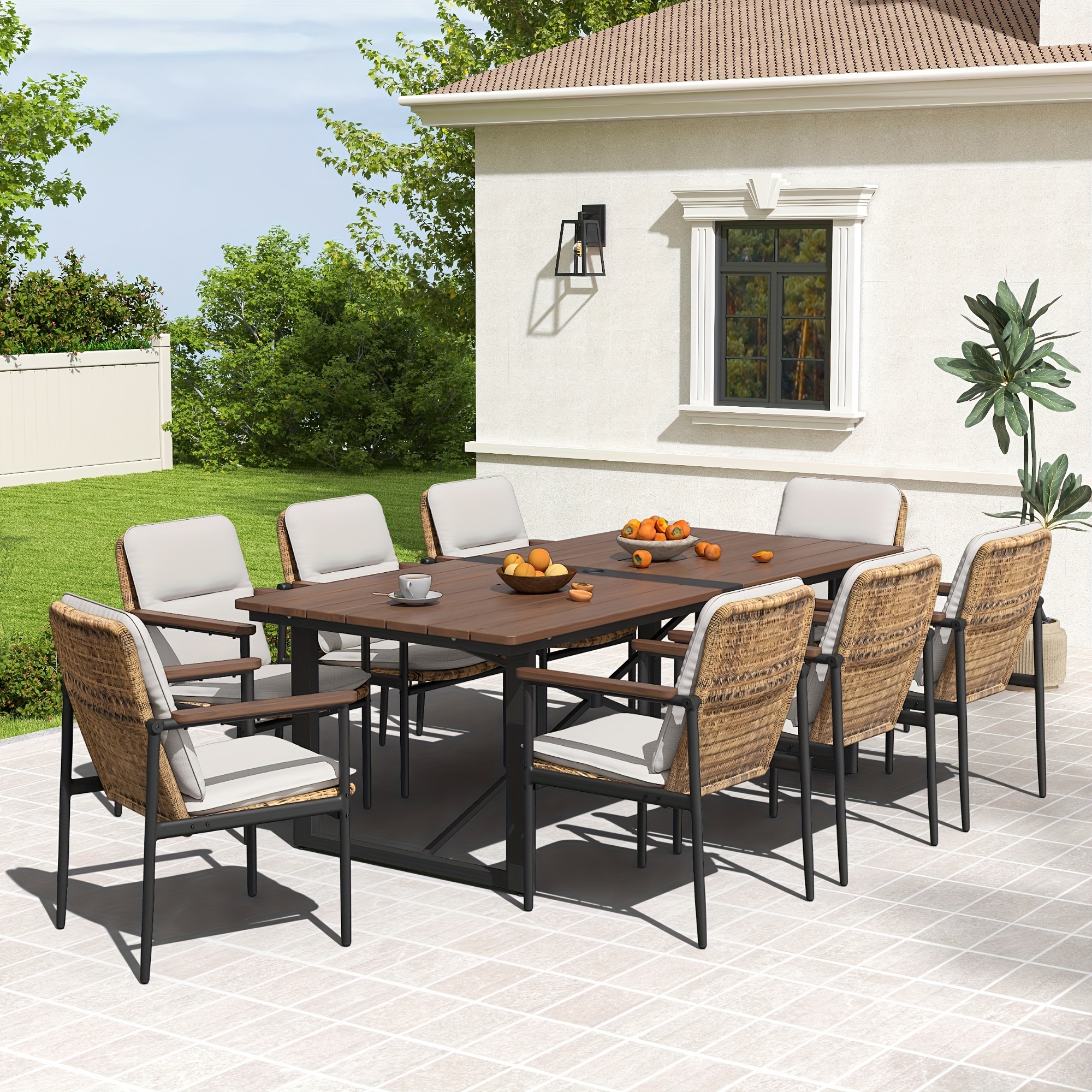 Patio Dining Set Outdoor, Wicker Chairs with Aluminum Frame and Olefin Cushions, Large Wooden Dining Table with Umbrella Hole, Patio Table and Chairs for Yard Garden Porch