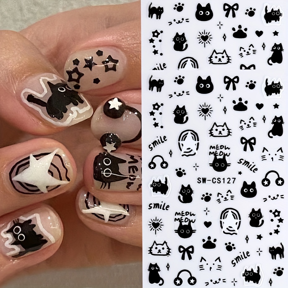 

Whimsical Cat Pattern Nail Art Stickers - Adhesive, Reusable, Glittery, Animal Print, Fantasy Themed, Rectangular Shape, Shiny Finish, No Fragrance