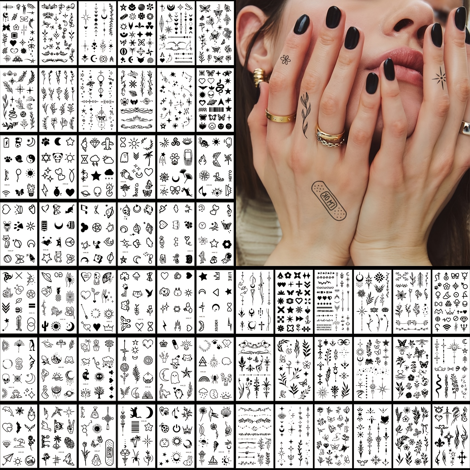 Image of 60pcs Set: Minimalist Geometric Line Art Tattoo Stickers - -style Micro Body Art. Cute, Waterproof Temporary Tattoos (ideal For Behind The Ear, Fingers, And Collarbone) - Favors And Skin Additions