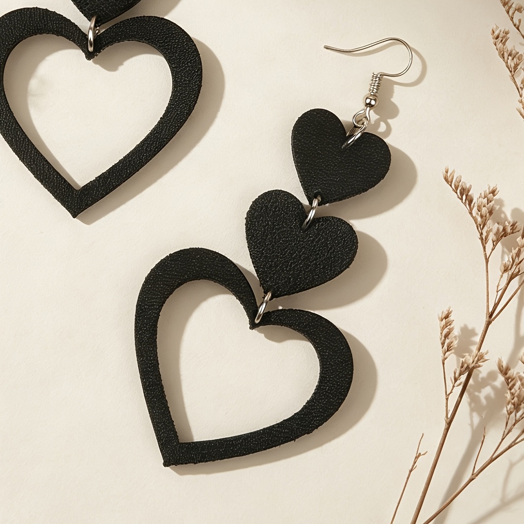 Women's Black Faux Leather Hollow Heart Earrings, Unique Design