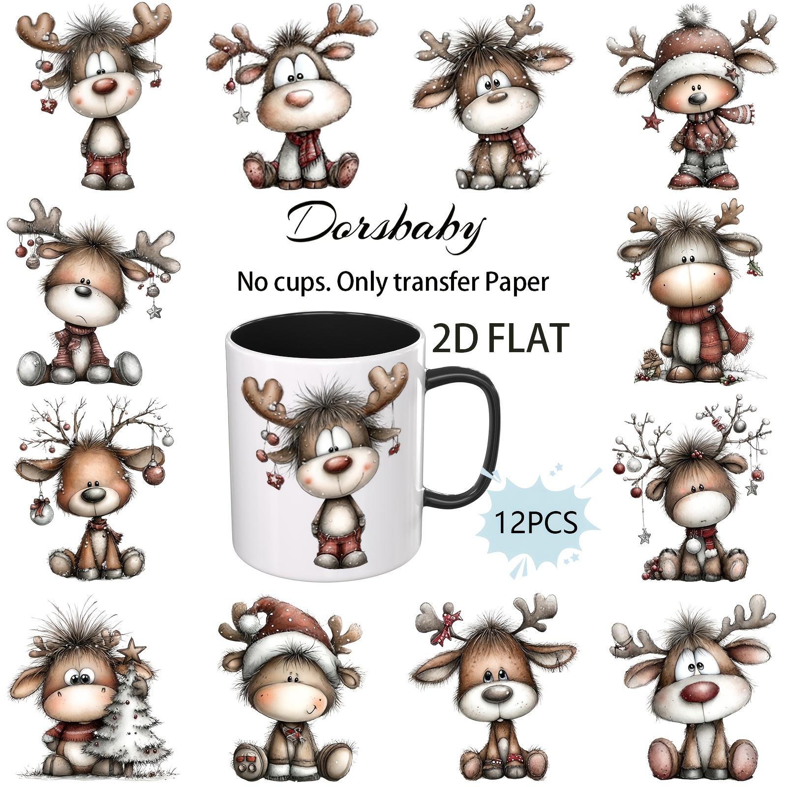 Image of 12pcs Whimsical Christmas Deer Uv Dtf Transfer, Rub-on Transfer For Cups, Laptops, And Furniture (no Mugs, )