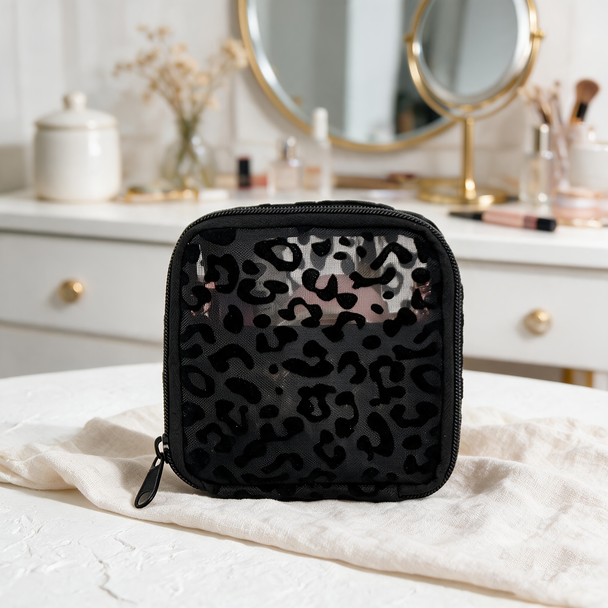 TEMU Women's Black Mesh Leopard Print Makeup Bag - Square Portable Toiletry Organizer With Lipstick Holder, Compact Suitable For Daily Use, Travel, &