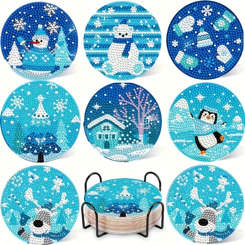 

8-piece Diamond Painting Coasters Set With Stand - Christmas Decorating - Suitable For Adults And Beginners - Wooden Base - Diy Artwork