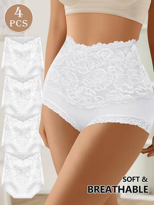 4 pack high waist tummy control womens briefs elegant lace trim solid color brand