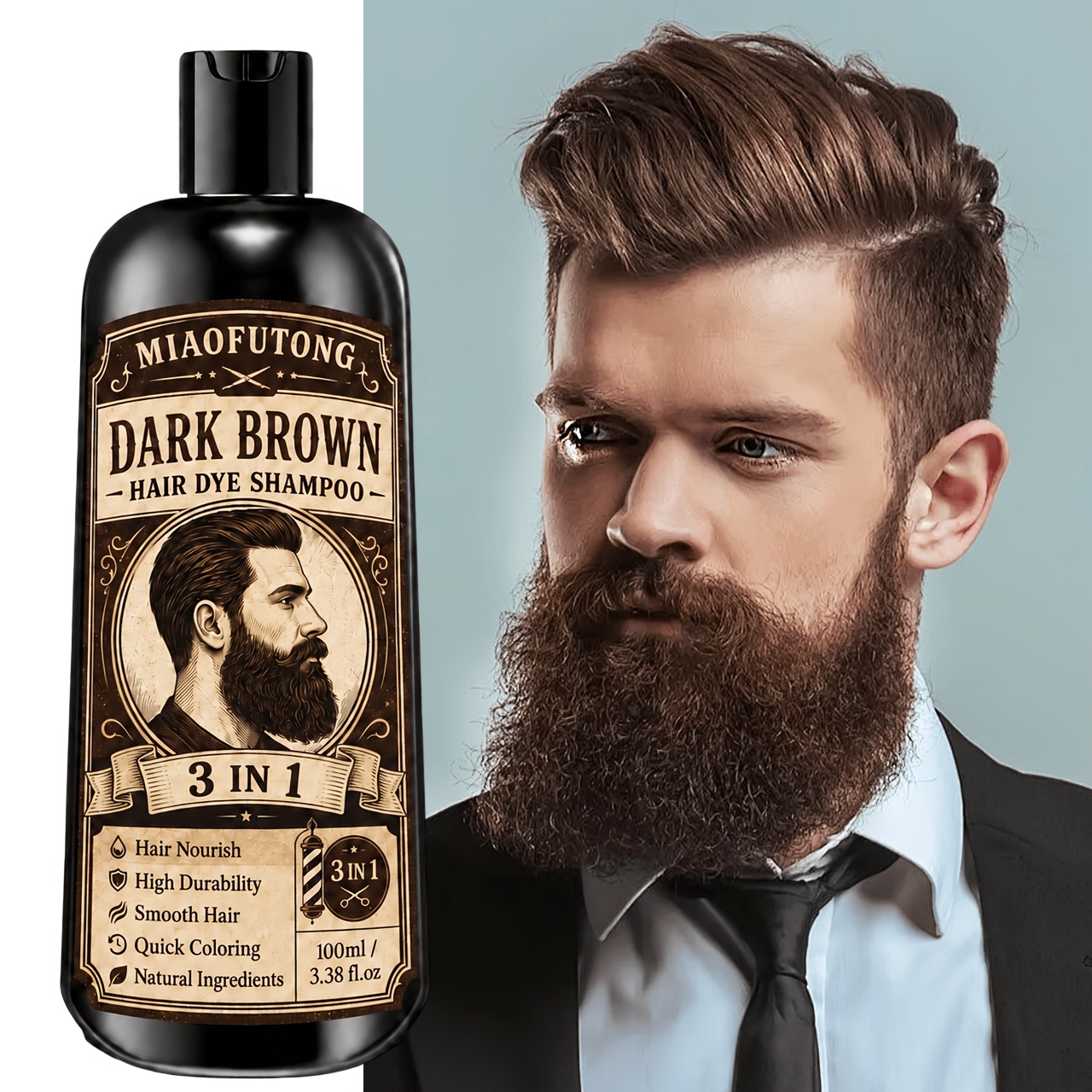 Image of 3-in-1 Beard And Hair Coloring Shampoo: Quickly Covers Gray Hair, Moisturizes, Adds Shine, Frizz, Delivers , Is Gentle And Non-irritating, And Suits All Hair Types. In : Black, Dark Brown, And .