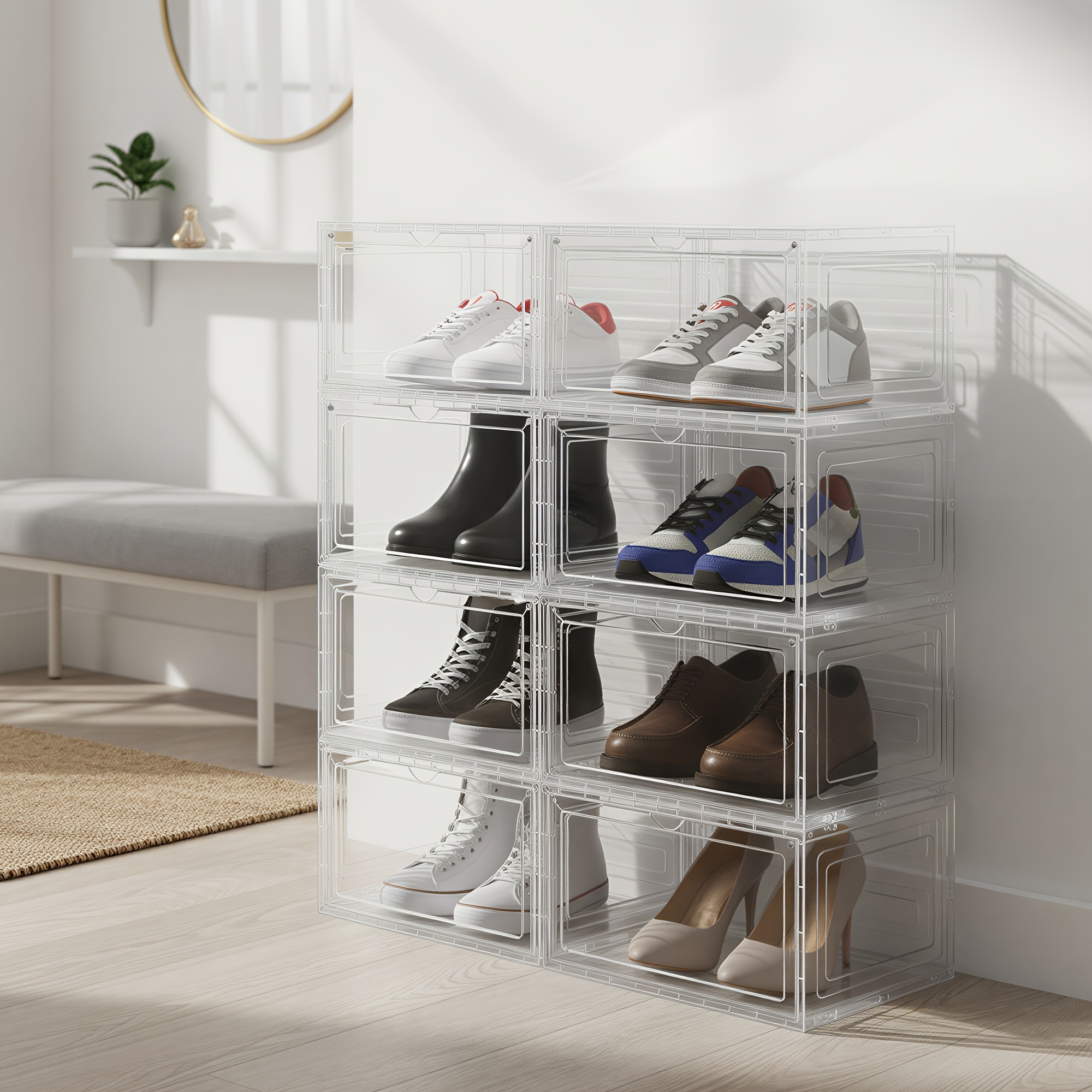 TEMU Space Saving Shoe Organizers 6-pack; Stackable Box System 11.2" Height; Dustproof Doors For Size 12 Shoes; Bedroom Closet Essential 13" Deep