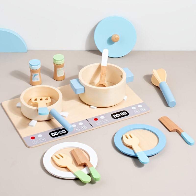 wooden play kitchen set with plates utensils realistic cooking toy