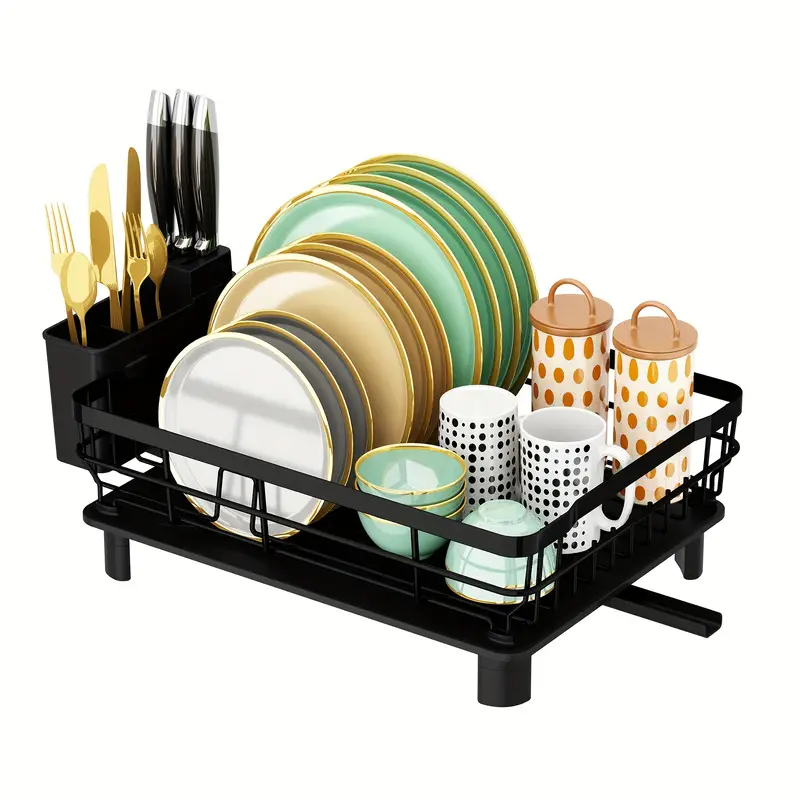 1 2 tier dish drying rack multifunctional dish rack kitchen counter stainless steel dish drainer with utensil holder cup holder dishes knives spoons forks black Product details 5