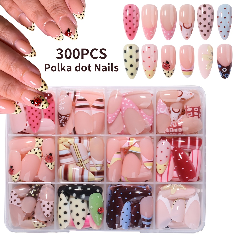 TEMU 300pcs 3d Floral Polka Dot Themed Press-on Nail Set, Featuring 12 Polka Dot Styles, , Stripes, Ladybugs, And Other Elements. The Polka Dot And