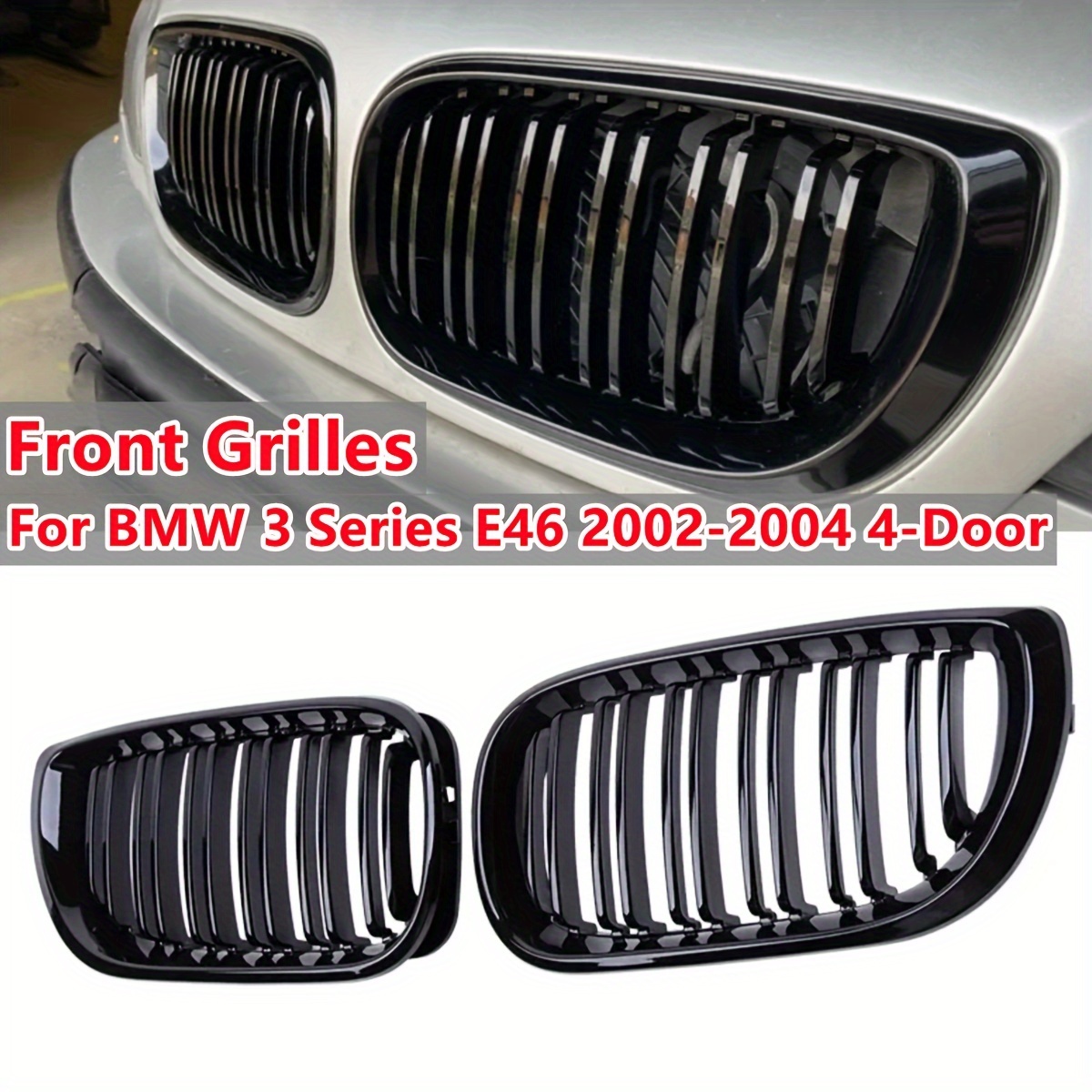 

1pc Gloss Black Abs Resin Front Kidney Grill For Bmw E46 4-door 2002-2005, Double Slat Hood Racing Grille, Part With Polished