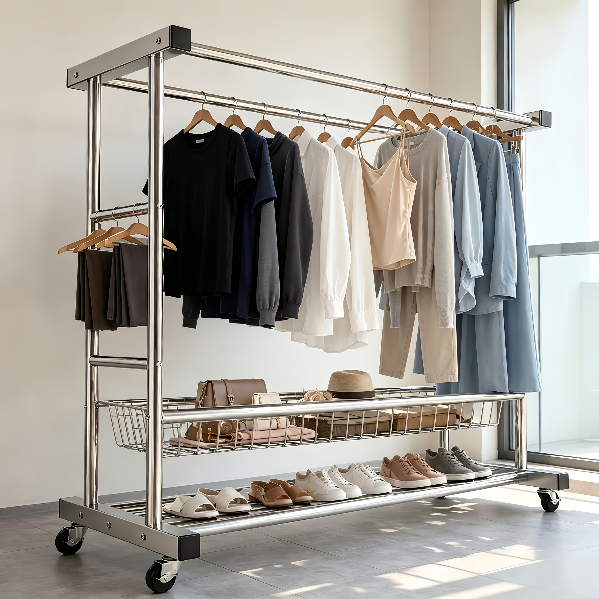 TEMU Large Clothes Drying Rack, Stainless Steel Double Rod Clothes Rail, Bedroom Coat Rack Organizer, Sturdy Wobble-free Thickened Tubes, With 360Â°