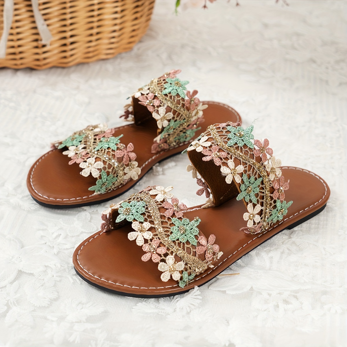 Image of Women's Fashion Flat Floral Sandals, Women Shoes Elegant Women Shoes Shoes